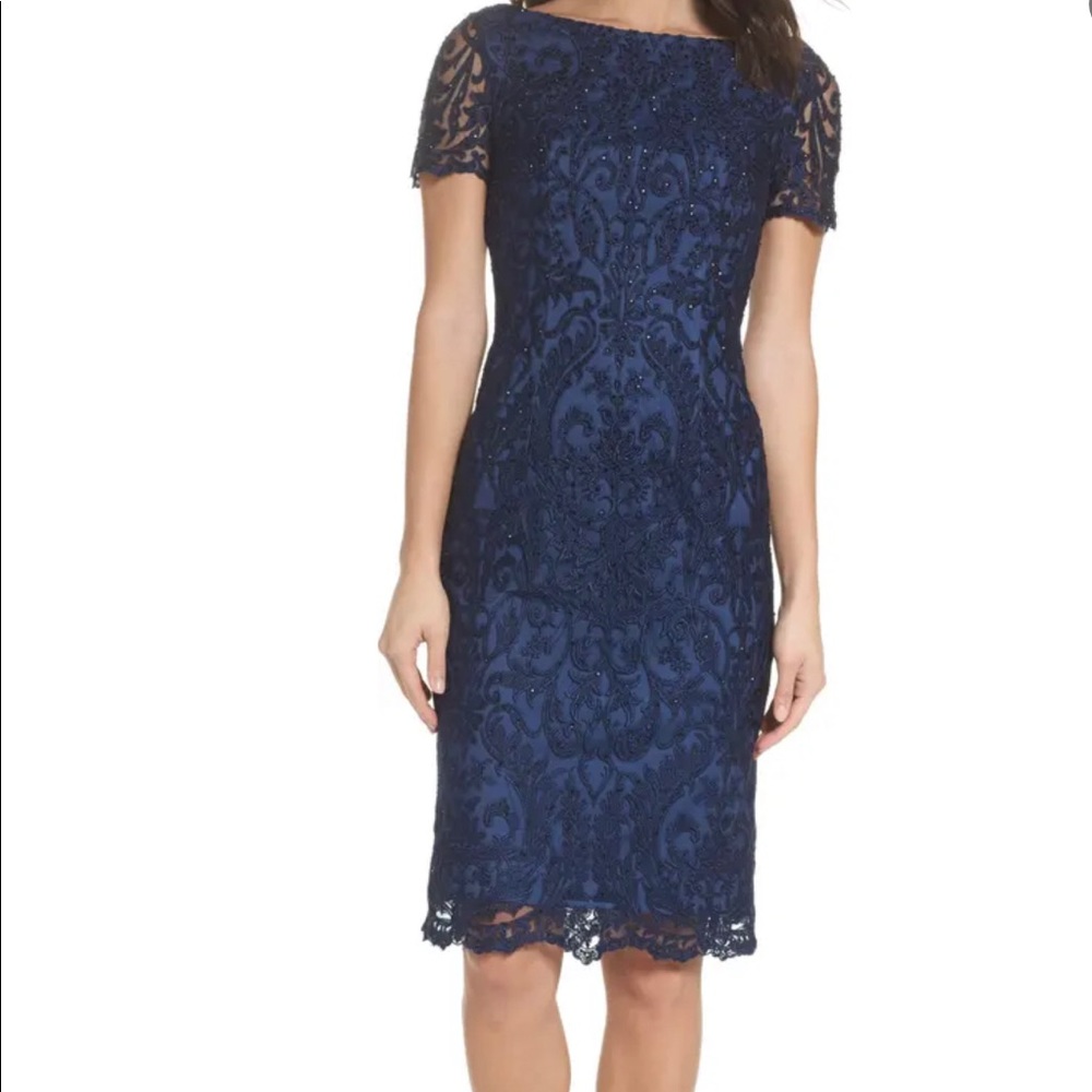 La Femme- Slate blue beaded lace cocktail dress
